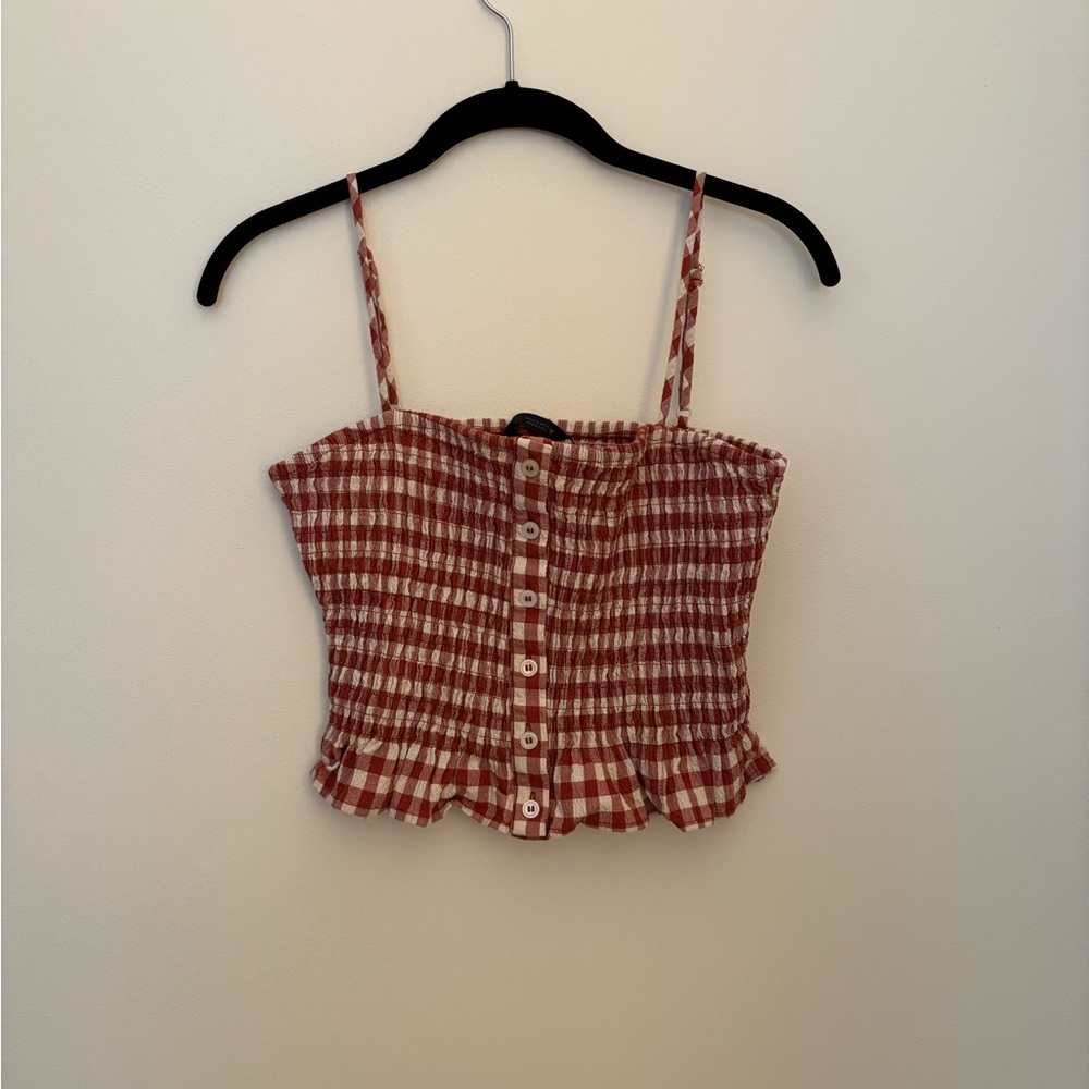 Zara Rust Red Gingham Smocked Button-Front Crop Top
